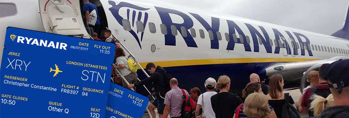 Customers boarding a Ryanair flight at Jerez Airport in Spain