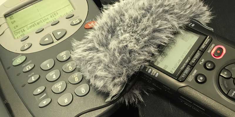 Desk phone and Tascam audio recorder
